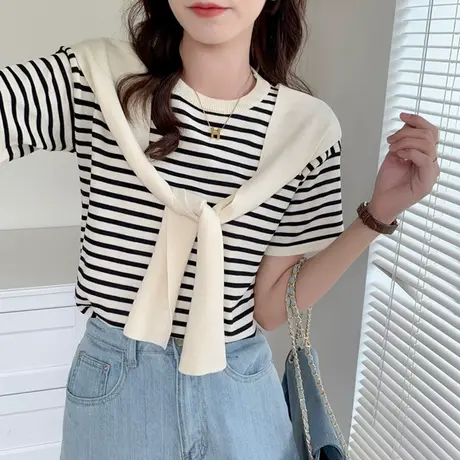 小众条纹假两件冰丝针织衫女2023夏季新款设计感宽松短袖t恤上衣图片
