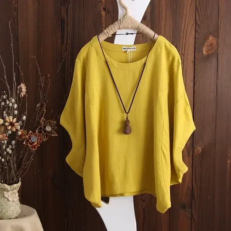 文艺范百搭宽松大码蝙蝠袖棉麻t恤 夏装新款女短袖圆领上衣体恤衫商品大图