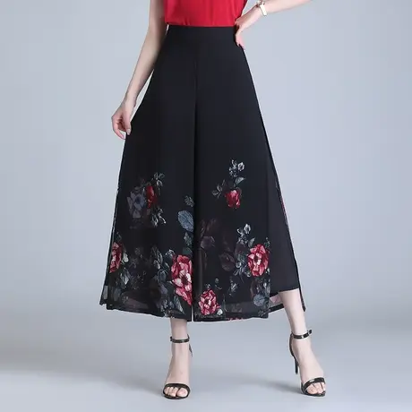 2023春夏花雪纺裙裤薄款阔腿裤垂感宽松高腰妈妈九分休闲裤图片