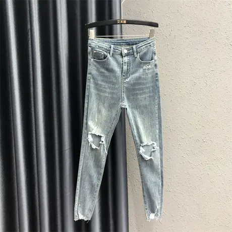 欧货个性潮流破洞牛仔裤女士2023秋季新款高腰显瘦百搭小脚铅笔裤商品大图