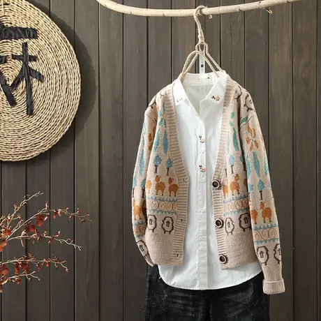 枫谜2021年秋冬新款文艺提花V领毛衣针织开衫女休闲百搭上衣外套图片