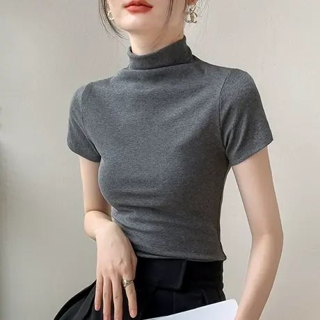 半高领短袖T恤女装2023早秋新款西装内搭修身显瘦纯色百搭打底衫商品大图