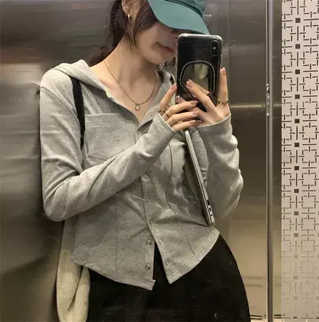 纯欲风白色连帽长袖T恤女秋冬季修身显瘦内搭打底衫不规则上衣ins商品大图