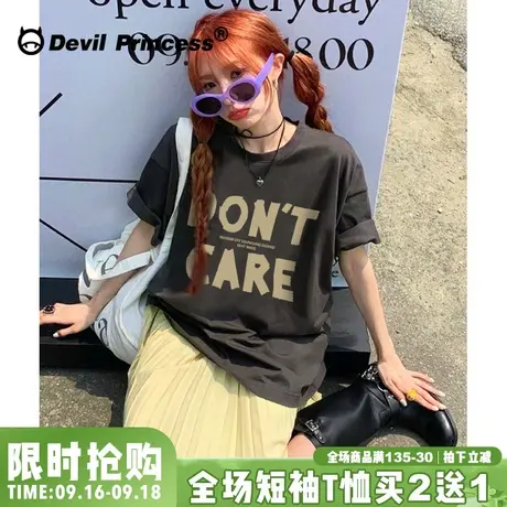 高级感美式复古风潮牌深灰色短袖女t恤宽松大版超好看显瘦上衣夏图片