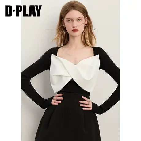 DPLAY德帕拉秋装新法式复古方领短针织小衫小众甜美黑色打底衫图片
