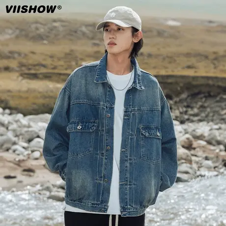 VIISHOW复古牛仔外套男春秋季做旧翻领夹克男装潮牌宽松休闲上衣商品大图