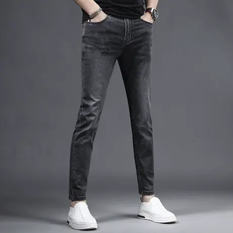 黑色冰丝九分牛仔裤男修身小脚裤夏季薄款韩版潮流男士裤子9分裤商品大图