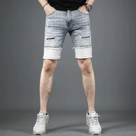 破洞补丁五分牛仔裤男夏季薄款2023新款时尚潮流男士薄款拼接短裤图片