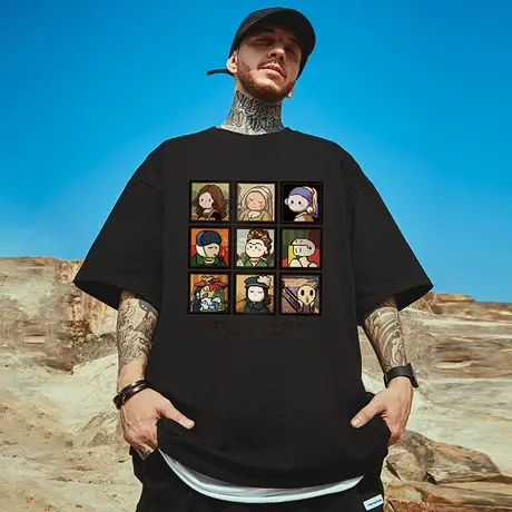 宽松T恤卡通短袖男加肥加大五分袖纯棉肥佬大码男装夏季半袖体恤商品大图