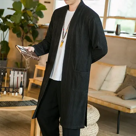 秋季宽松大码休闲中长款外套复古道袍风衣男士中国风对襟开衫禅服图片