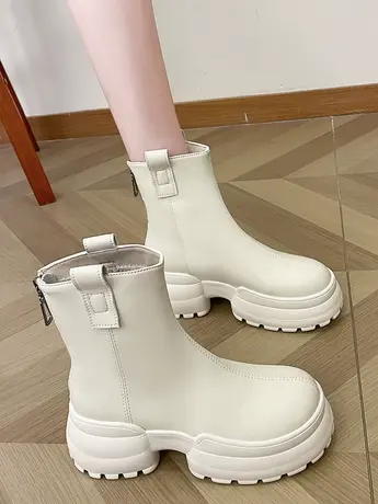 2023秋冬欧美新款厚底马丁靴切尔西靴女短靴松糕底英伦风皮面圆头商品大图