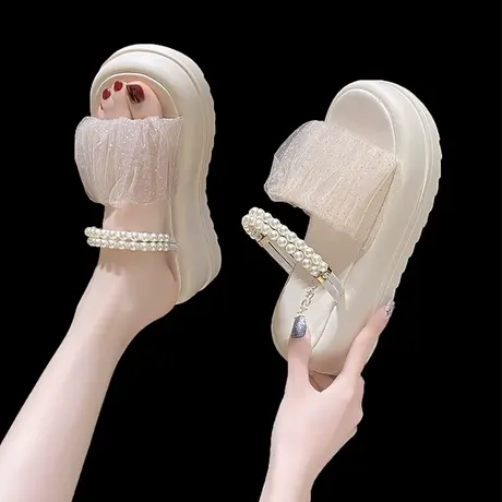 一鞋两穿甜美厚底松糕凉拖鞋女2023夏季新款温柔网纱透气珍珠凉鞋图片