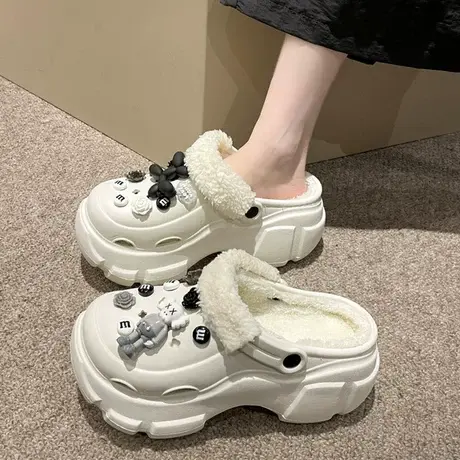 可爱包头毛毛拖鞋女外穿加绒保暖防滑厚底增高秋冬季新款洞洞棉鞋商品大图