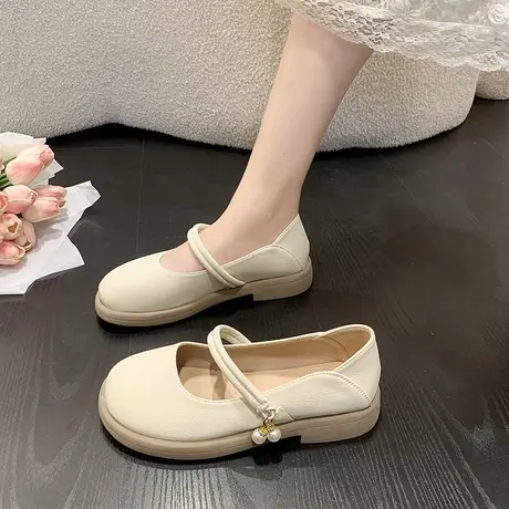 永希女鞋新款2023新款夏季浅口珍珠粗跟单鞋温柔仙女晚风玛丽珍鞋商品大图