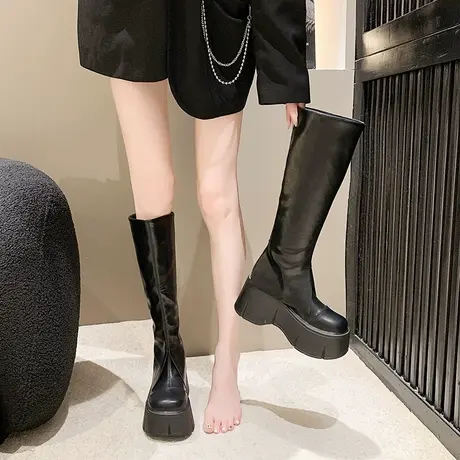 真皮黑色长筒靴小个子厚底增高长靴女小众设计感裤管靴高筒骑士靴商品大图