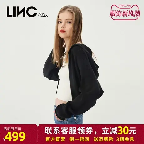 LINC金羽杰针织开衫女2023年秋季新款短款连帽收腰外套女士毛衣商品大图