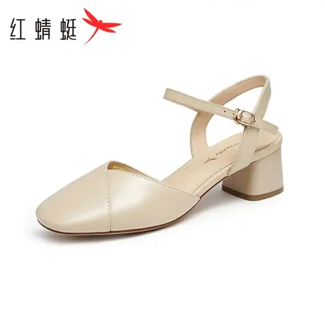 红蜻蜓粗跟凉鞋2023年夏季新款女简约粗跟包头一字带凉鞋WFV23255商品大图