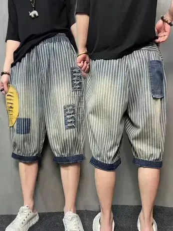 2023年夏季马裤松紧腰牛仔短裤女宽松显瘦撞色贴布条纹五分哈伦裤商品大图