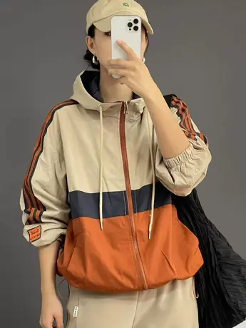 欧洲站2023春夏新款拼色连帽冲锋衣女时尚宽松休闲百搭长袖外套潮商品大图