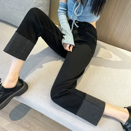 直筒牛仔裤女九分2023春季新款高腰显瘦拼接撞色八分小个子烟管裤商品大图