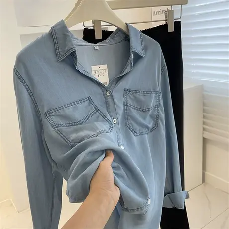 柔软天丝棉复古牛仔衬衫女！春秋慵懒风显瘦中长款双口袋叠穿衬衣商品大图