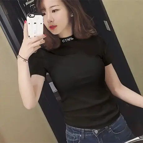 2023年新款女装春秋季半高领短袖T恤ins潮夏修身内搭打底衫上衣服商品大图