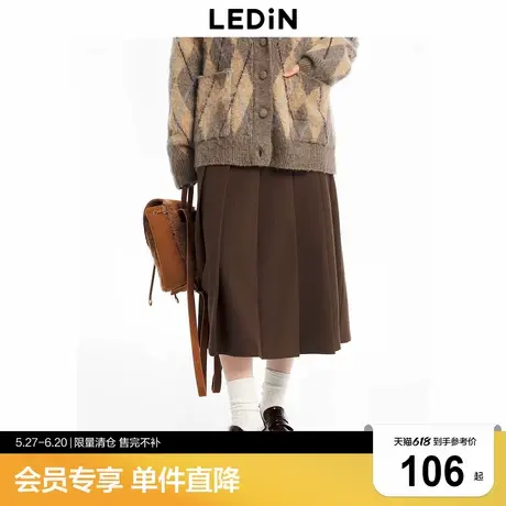 乐町学院风半身裙秋冬新款咖色百褶长裙C1GFD4206商品大图