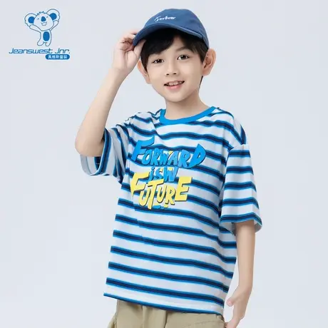 JJ真维斯童装夏季款 色织横间印花宽松舒适落肩短袖T恤图片