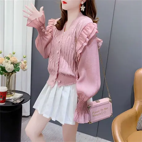 法式奶系温柔风针织开衫女春秋季甜美V领荷叶边雪纺拼接毛衣外套图片