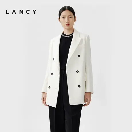 LANCY/朗姿春季新款白色中长款双排扣西装外套女职业通勤时尚图片