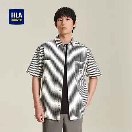 HLA/海澜之家方领短袖休闲衬衫2025春夏新款宽松条纹提花衬衣男商品大图