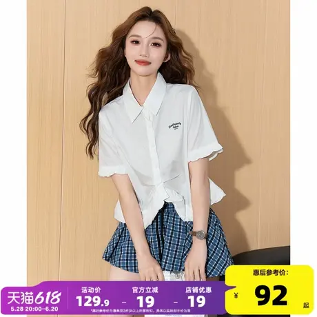 唐狮2025夏季新款短袖衬衫女白衬衣花边不规则收腰翻领显瘦甜美图片