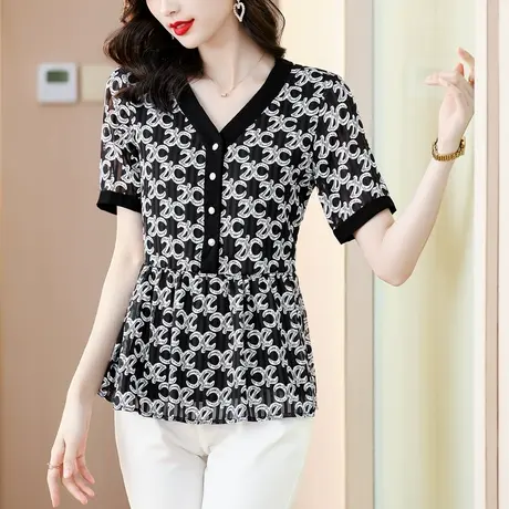 花雪纺衫女2023新款短袖小衫高端别致漂亮大码胖mm遮肚子法式上衣图片