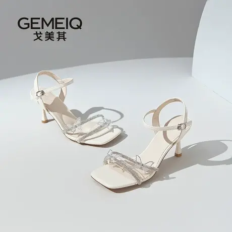 戈美其商场同款凉鞋女2025新款夏季外穿水钻蝴蝶结一字带高跟女鞋图片
