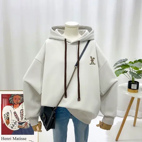 2023年春季新款卫衣刺绣兔子连帽纯色韩版休闲简单兔年女装2500潮商品大图