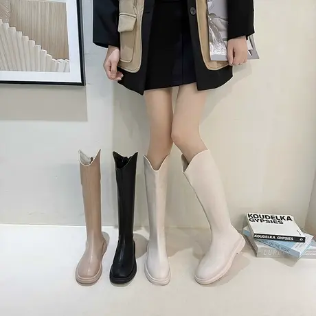 气质显瘦长靴女2023年新款夏季高筒靴百搭粗跟v口复古百搭骑士靴图片