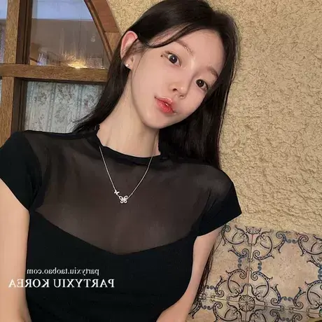 现货 Onoev 韩国时尚韩系网纱拼接针织修身短袖T恤图片