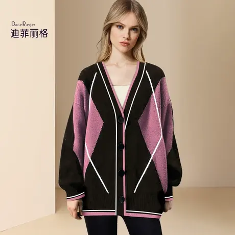 迪菲丽格秋冬2023新款女软糯慵懒风针织毛衣外套时尚撞色针织开衫图片