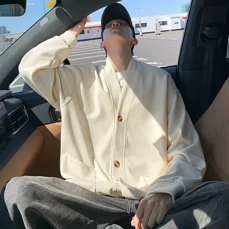 华夫格卫衣男春秋季新款纯色扣子开衫上衣服大码宽松美式休闲外套商品大图