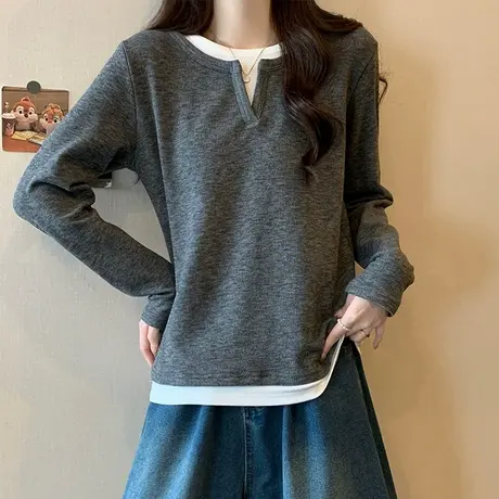 德绒磨毛内搭长袖t恤女秋冬宽松大码女装可外穿假两件上衣打底衫商品大图