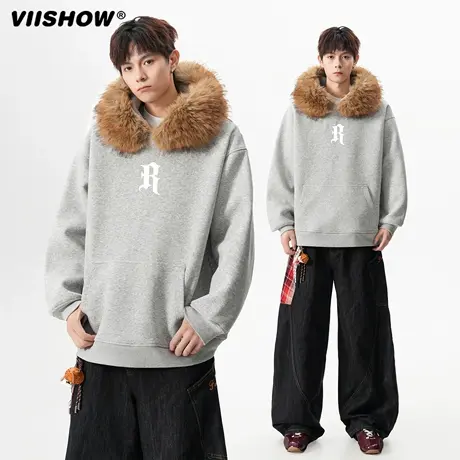VIISHOW秋季新款重磅刺绣毛领连帽卫衣男慵懒风潮牌开衫外套女图片