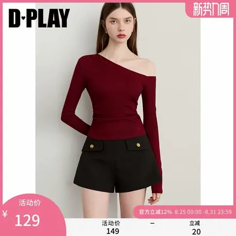 DPLAY2025年秋季新款红色t恤女洋气修身长袖独特露肩斜肩上衣商品大图