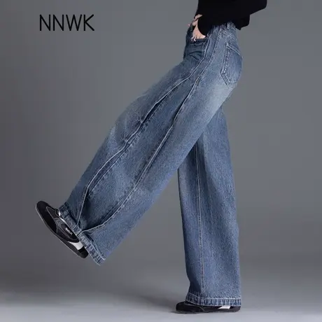 美式拼接阔腿牛仔裤女2025新款秋季裤子设计感直筒弯刀裤高腰显瘦图片
