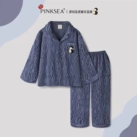 男士睡衣纯棉秋冬季长袖长裤新款简约斑马纹企鹅可外穿家居服套装商品大图