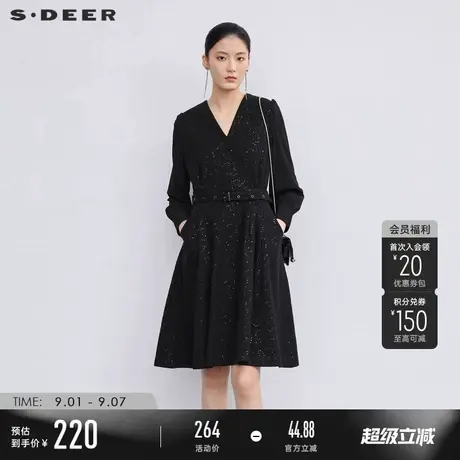 sdeer圣迪奥秋季女V领收腰通勤拼接长袖连衣裙S223Z12DF图片