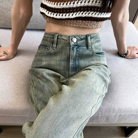 直筒牛仔裤女2023年春季新款高腰窄版修身显瘦小个子复古做旧长裤商品大图
