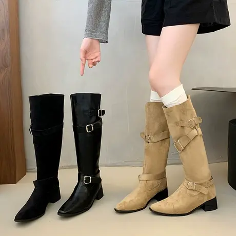 粗跟法式长靴女2025秋季新款不过膝百搭骑士靴百搭显瘦网红堆堆靴商品大图
