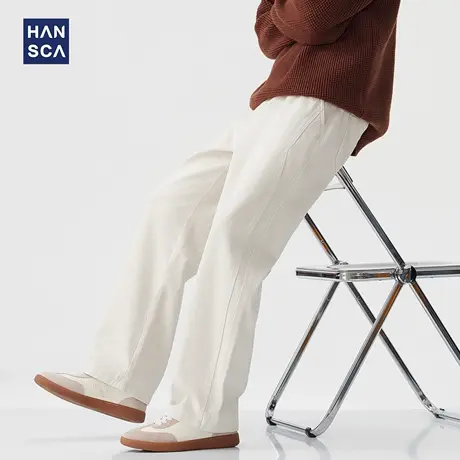 hansca重磅400g宽松阔腿休闲裤男2025秋季直筒垂感拼接纯棉长裤子商品大图