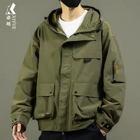绿色防水夹克外套男2023秋季多口袋连帽冲锋衣宽松大码工装风外衣商品大图