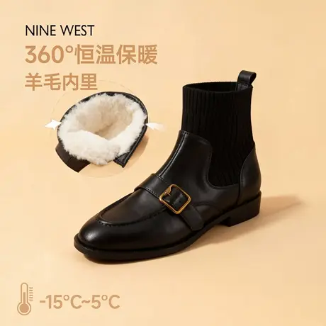 奥莱专供Nine West/玖熙秋冬针织复古加绒短靴女法式马丁靴瘦瘦靴图片